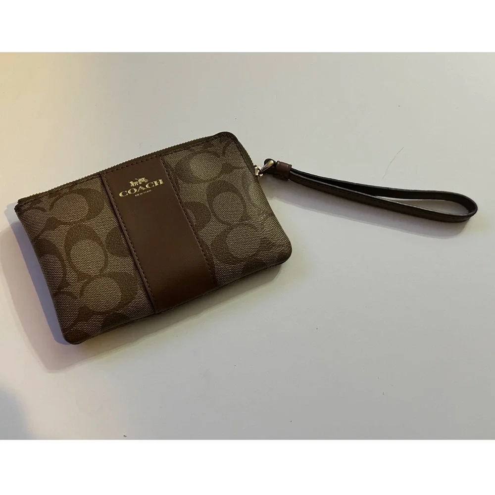 Coach Signature C Canvas Brown Leather Wristlet Pouch Wallet Clutch